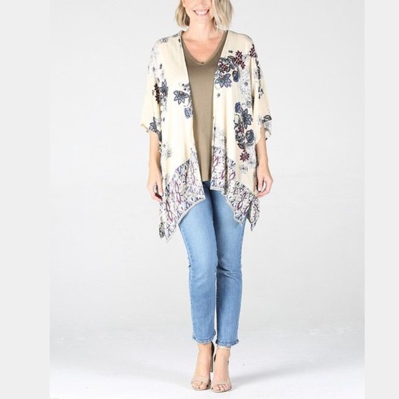 Nostalgia Floral Cardigan Kimono • Beige • Short Sleeve • Loose Fit • Open Front - Picture 2 of 4